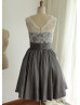 Ivory Lace Gray Taffeta V Back Short Vintage Bridesmaid Dress